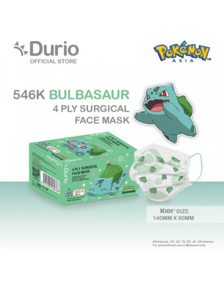 Durio 4 Ply Kids Surgical Face Mask Bulbasaur 40s