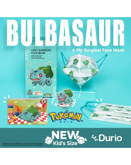 Durio 4 Ply Kids Surgical Face Mask Bulbasaur 40s